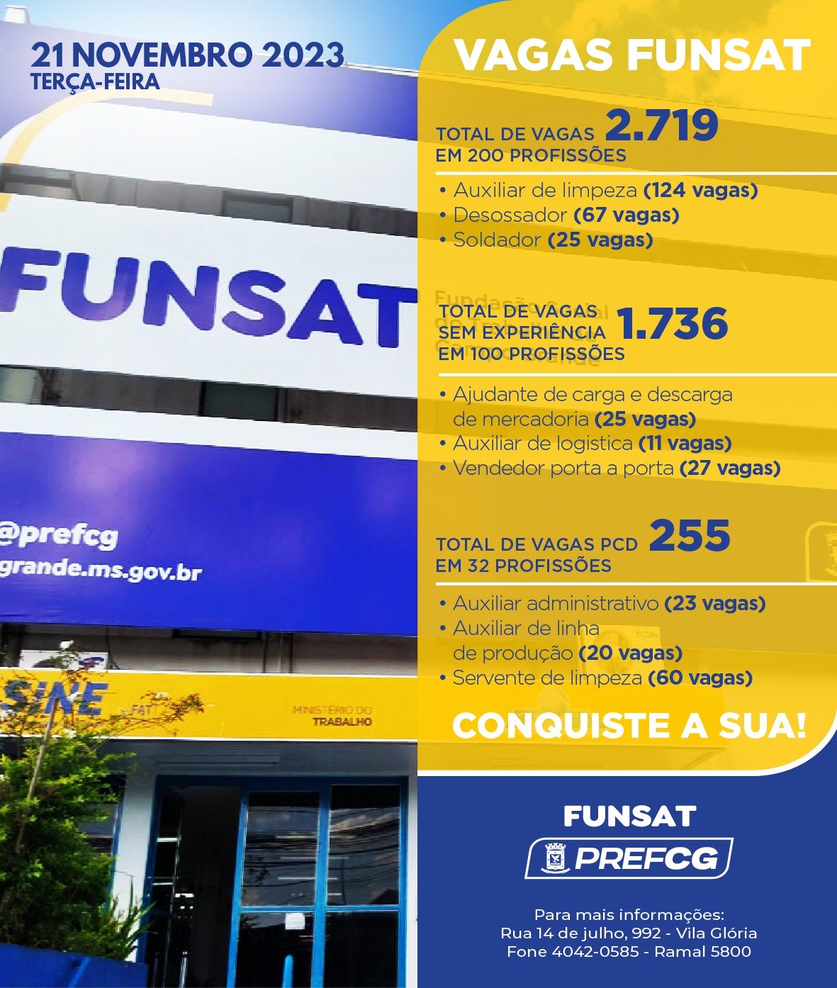 Funsat anuncia 2.719 vagas de emprego em 200 funções nesta terça-feira em CG