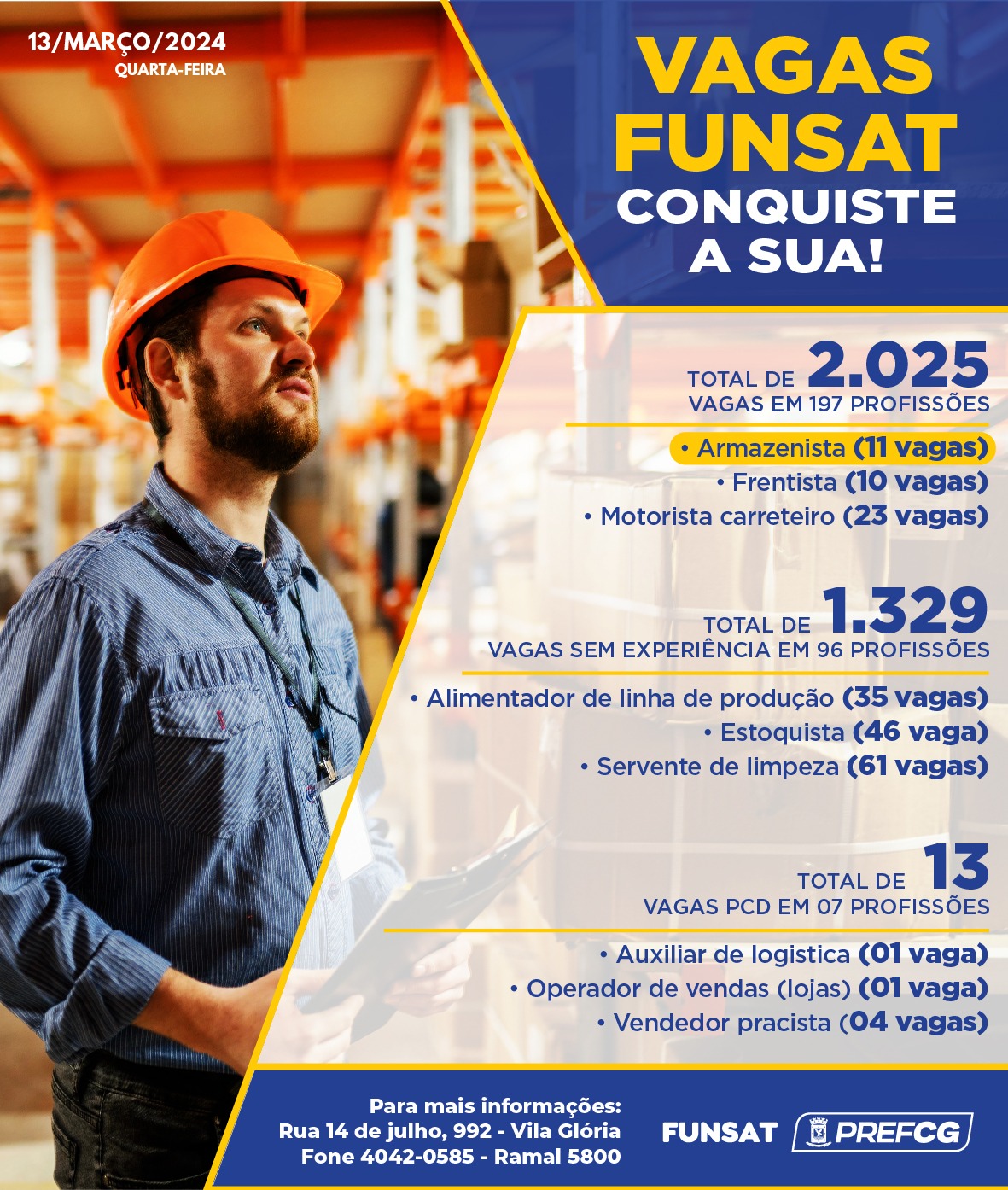 Funsat anuncia 2.025 vagas de emprego em 279 empresas nesta quarta-feira (13) 