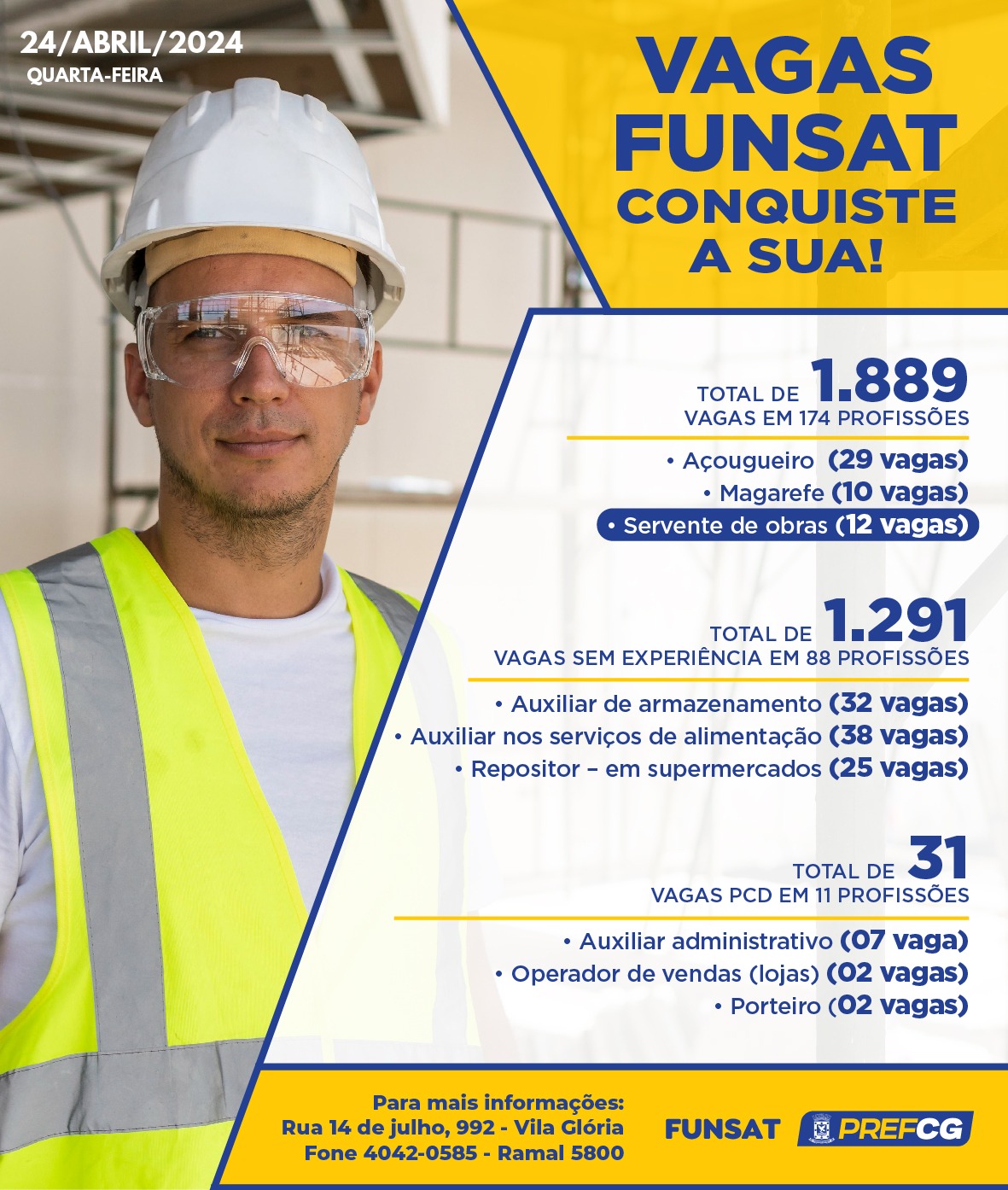 Funsat anuncia 1,8 mil vagas de emprego em 266 empresas nesta quarta-feira (24)